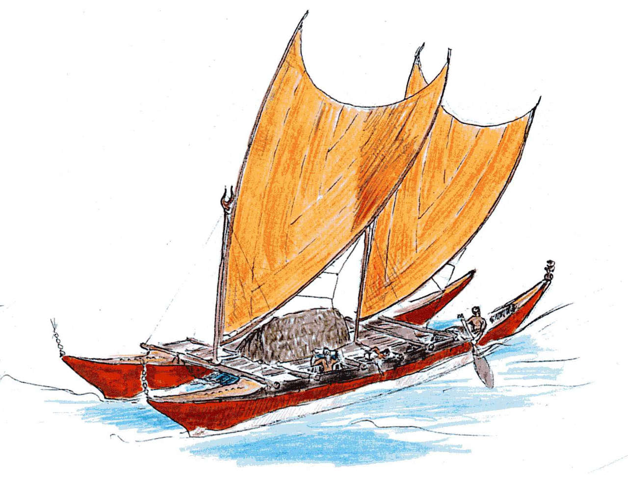 Drawing of a double canoe with a crabclaw sail