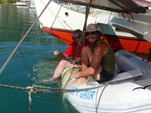 Paul and Paolo in a rubber dinghy under Gaia