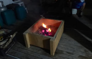 Firebox on deck, with fire lit inside