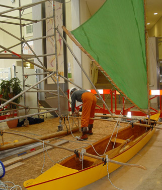 Outrigger canoe being assembled