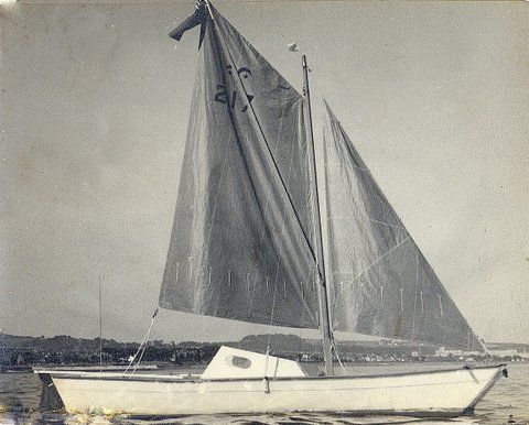 Black and white photo of Wharram Hinemoa with sails up