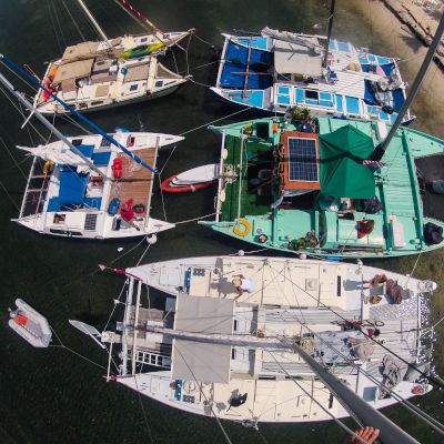 Aerial view of 5 catamarans