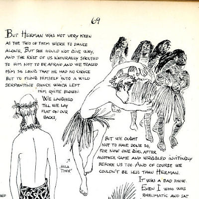 Drawing of people wearing headdresses and sarongs, dancing