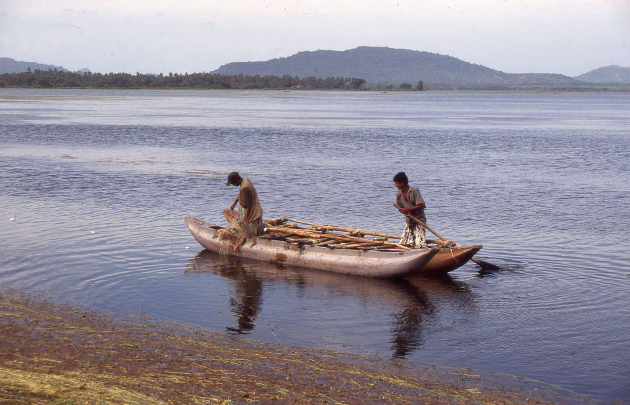 Two people paddling a double dugout canoe