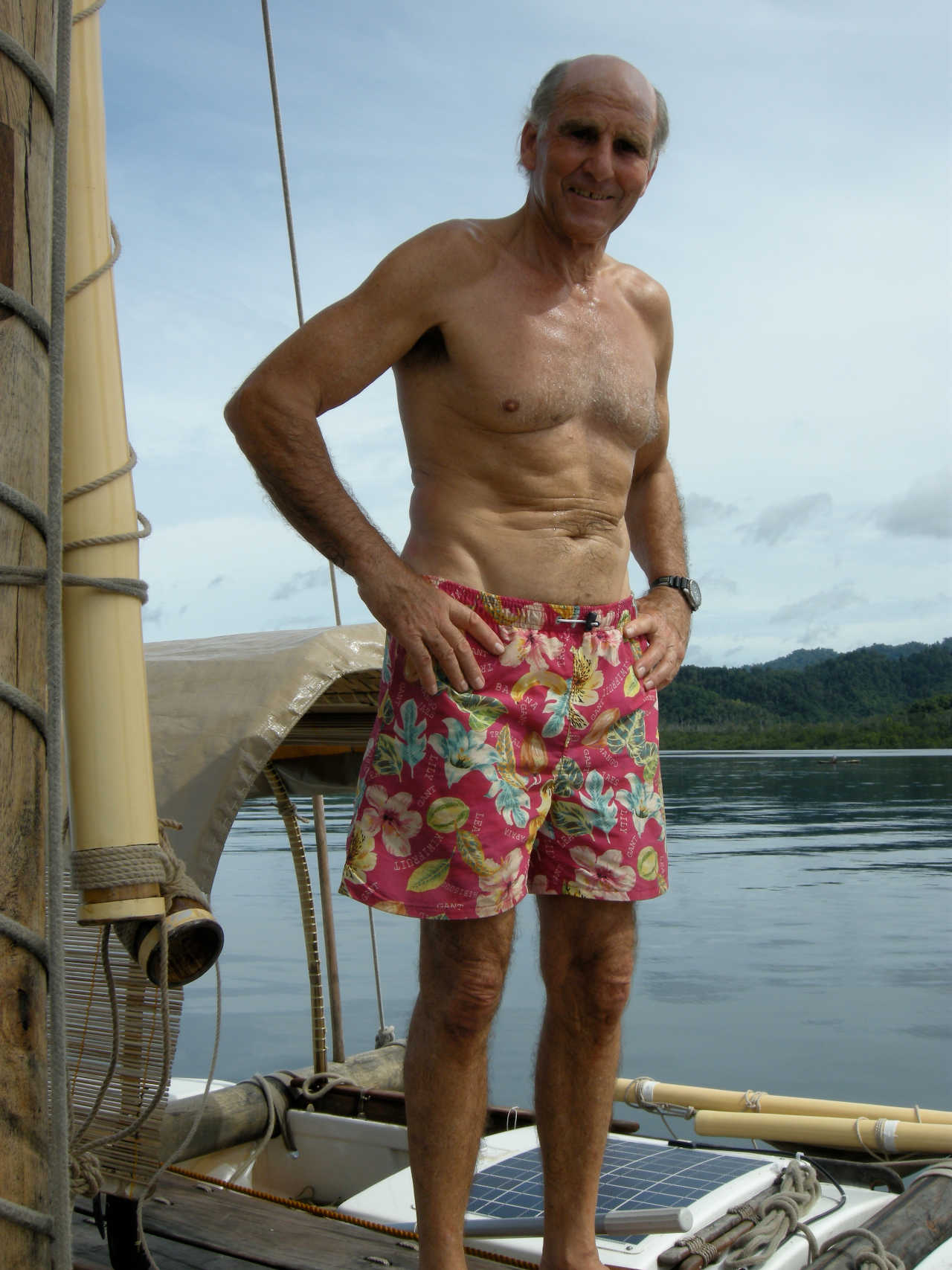 Christoph on deck in swimming shorts