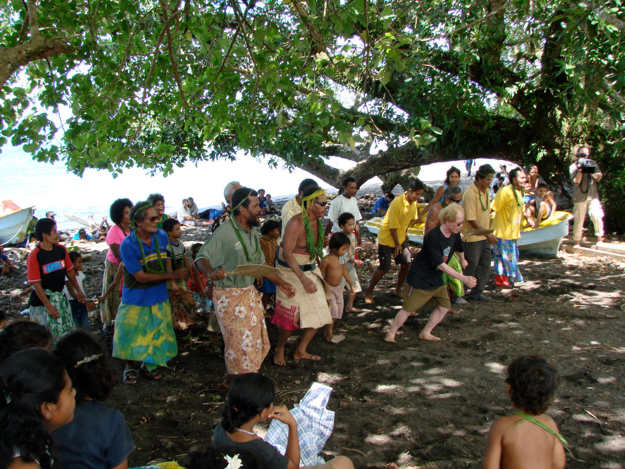 A large group of people dancing under trees on the beach