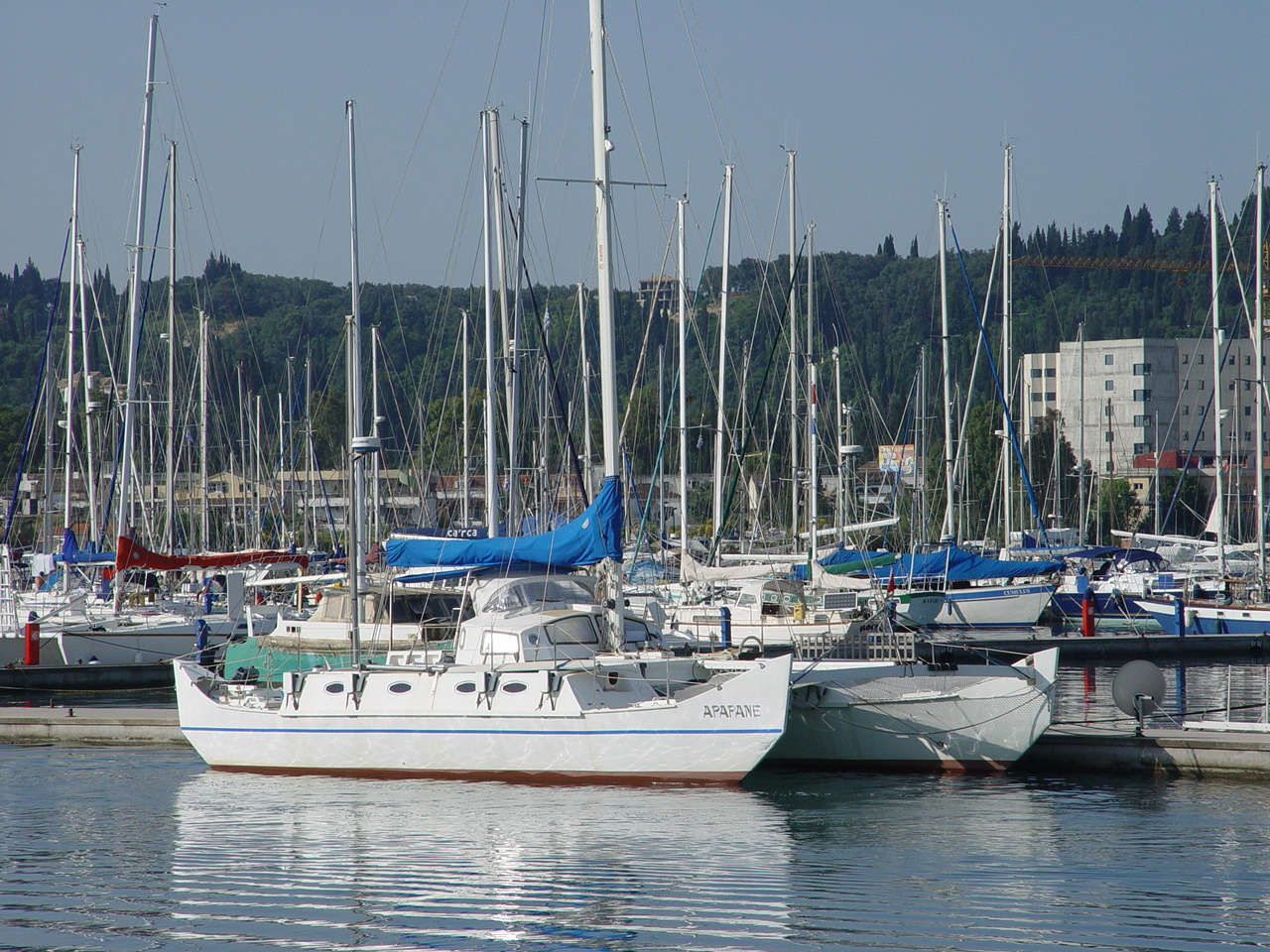 Catamaran moored on a pontoon