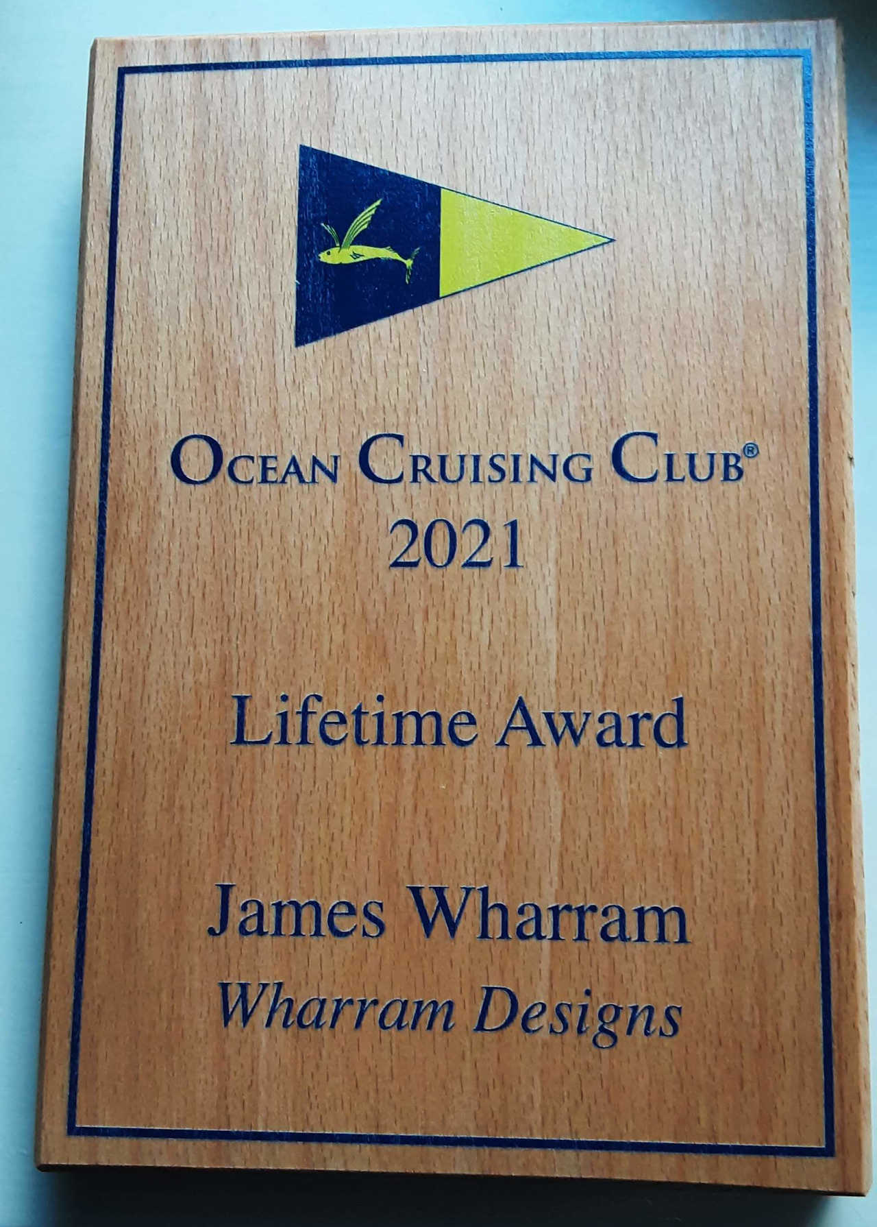 An award saying: Ocean Cruising Club 2021 - Lifetime Award - James Wharram Designs