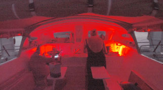 Wharram Pahi 52, cockpit lit with red LEDs