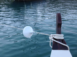 Mooring line with funnel, attached to Gaia's bow