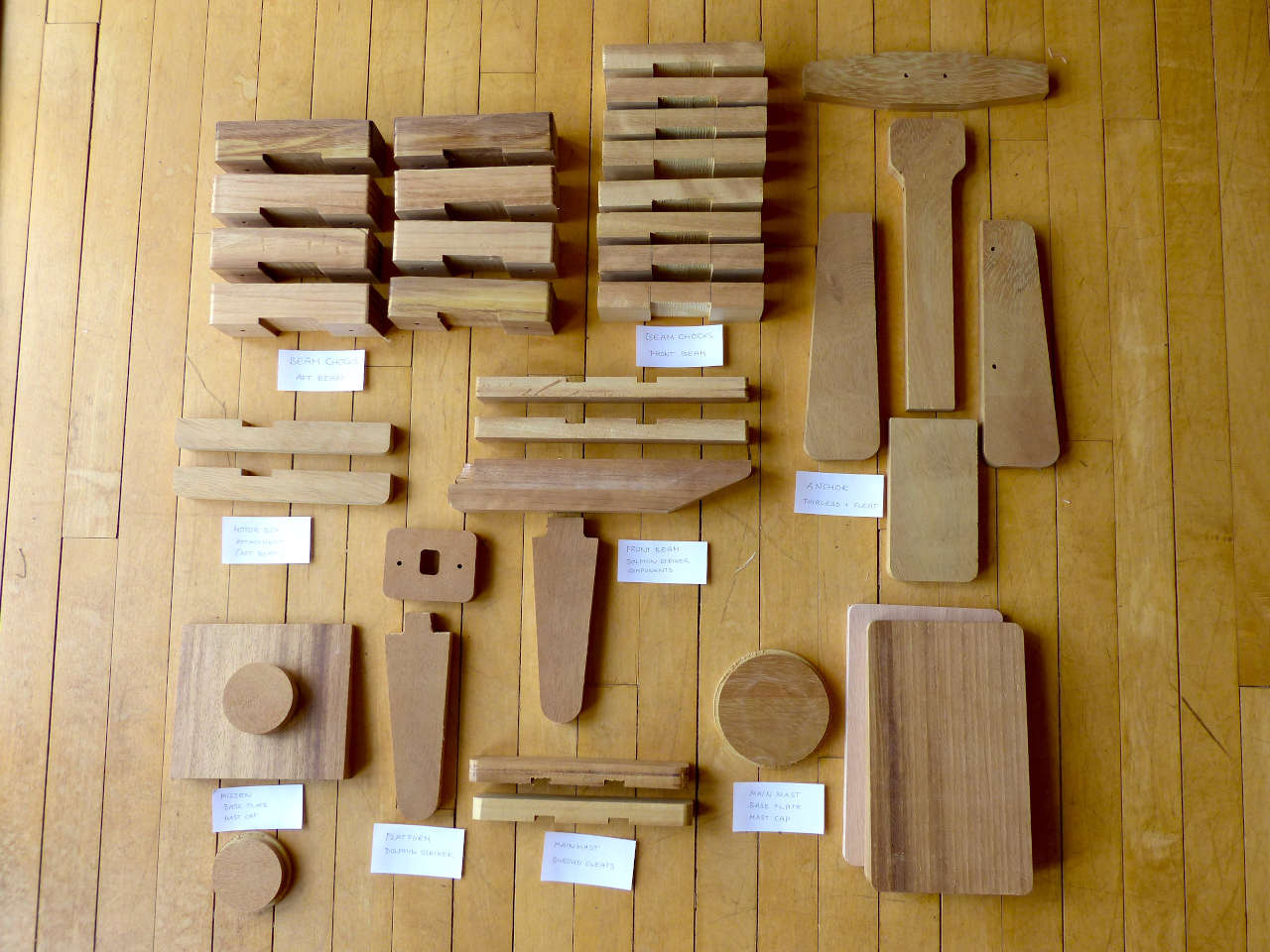 Shaped pieces of hardwood