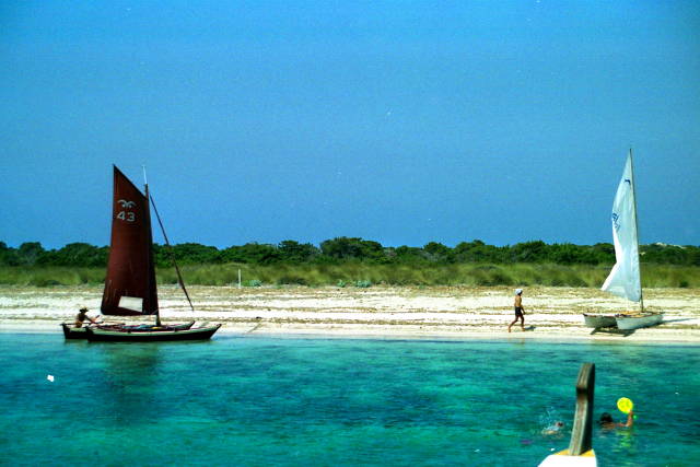 Two small catamarans just off the shore next to a beach