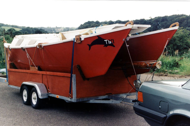 Double canoe hulls on a trailer