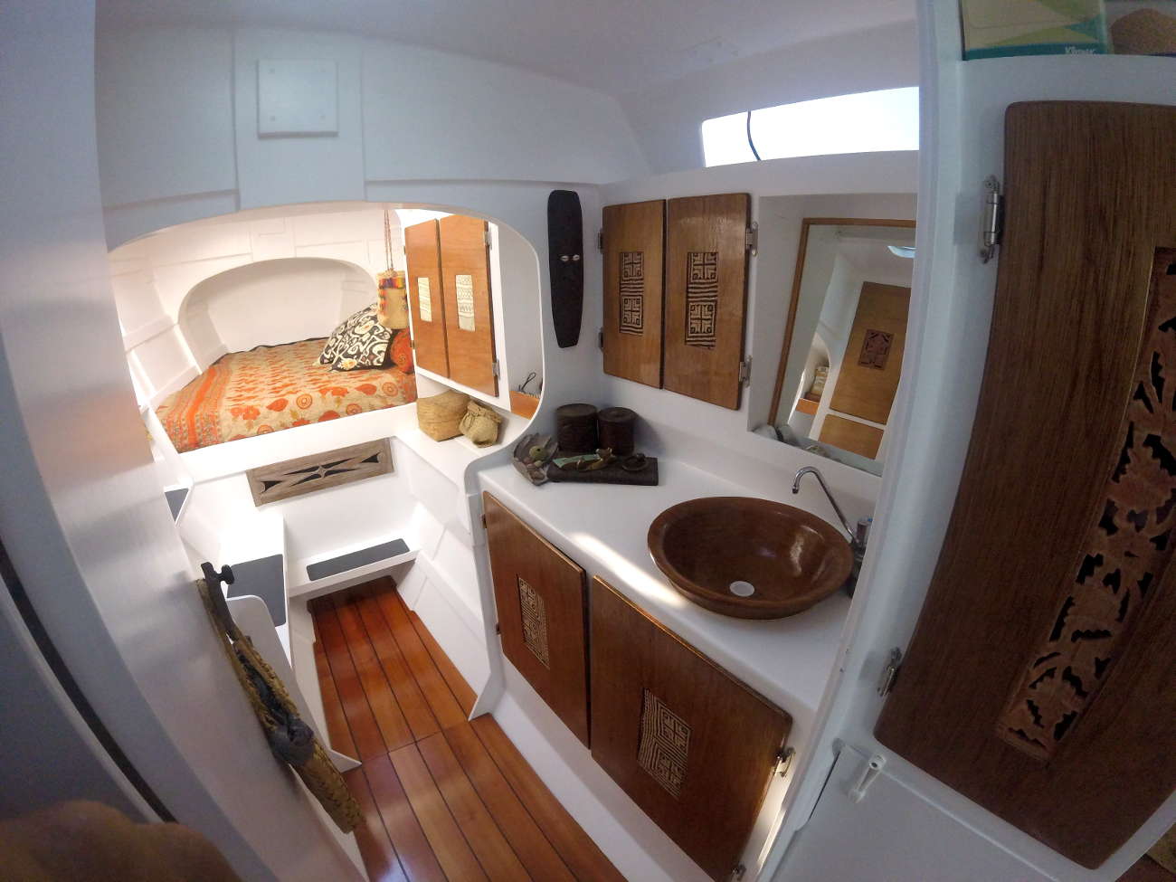 Tiki 46 interior - bunk, sink, cupboards