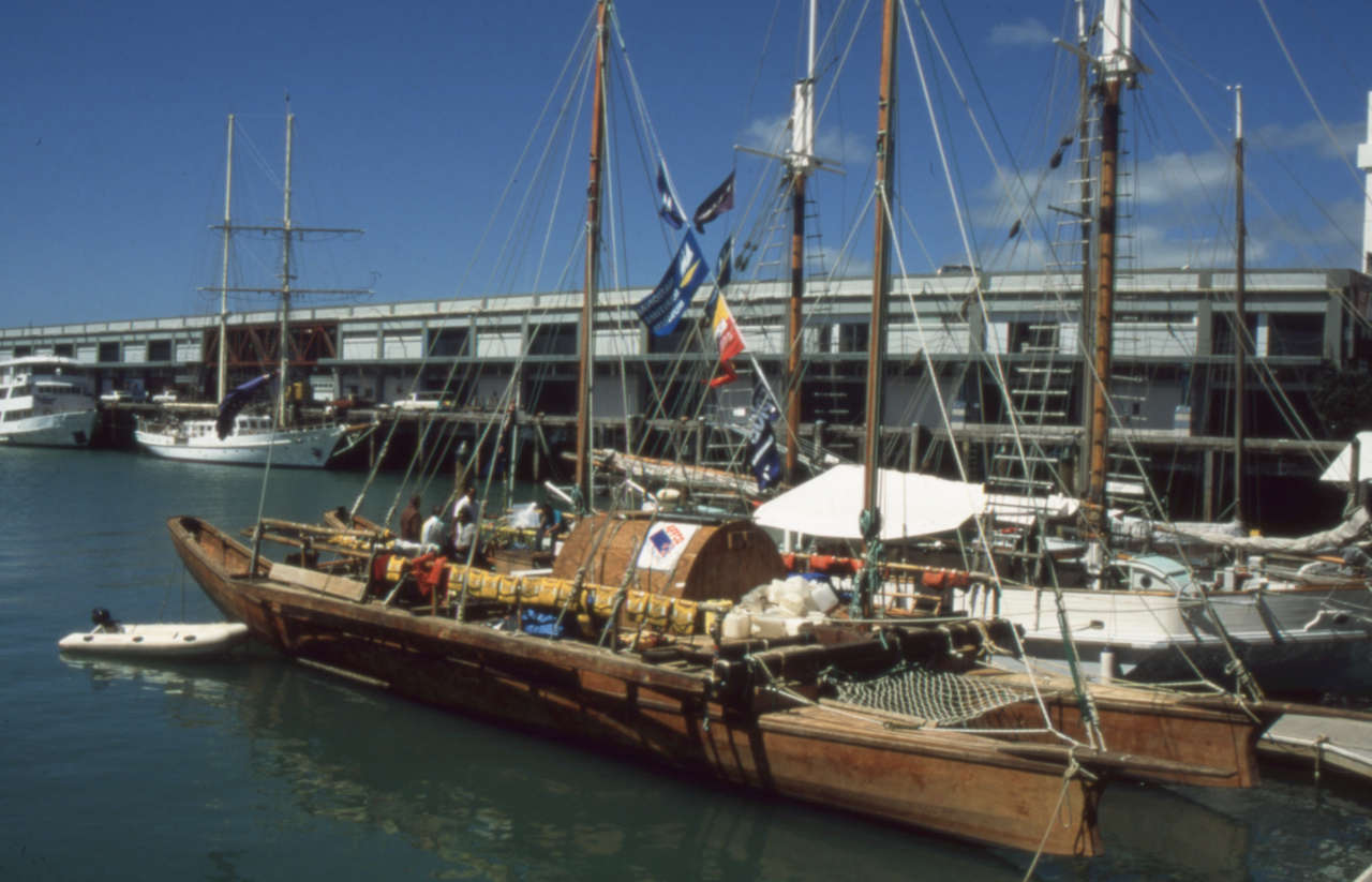 A double canoe in harbour