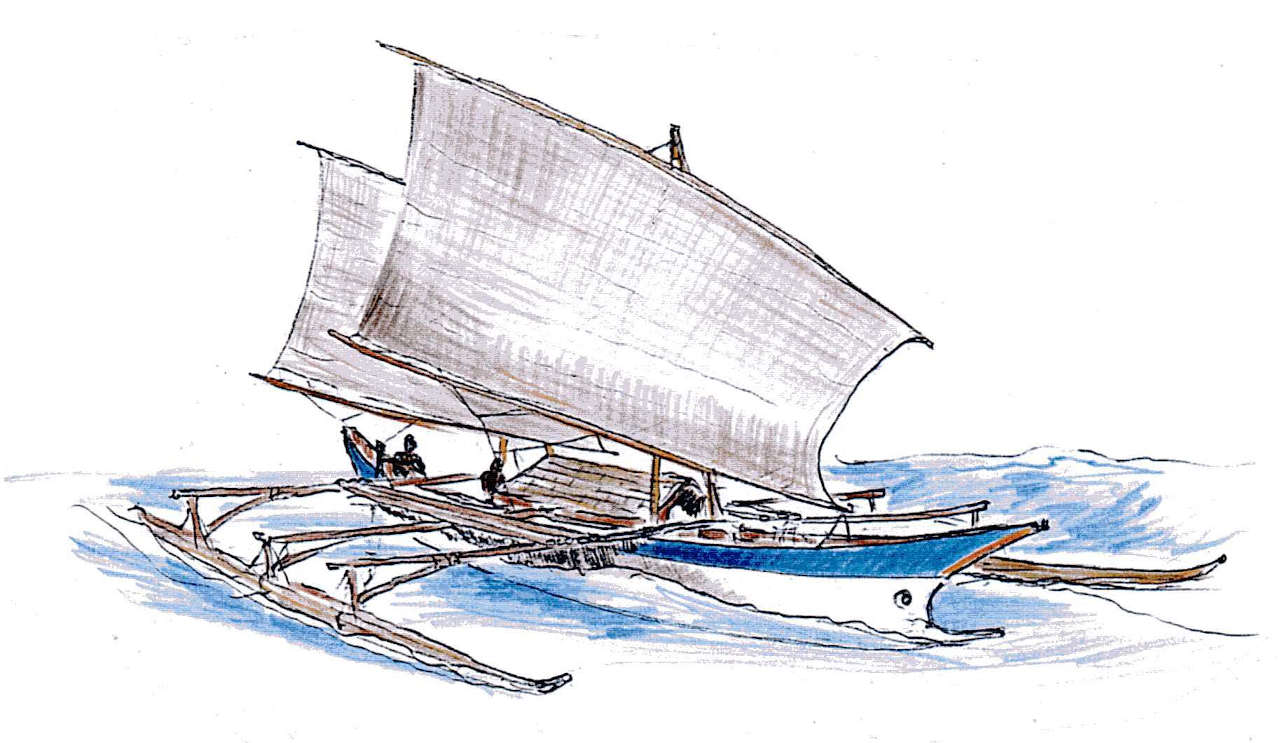 Drawing of a double outrigger canoe