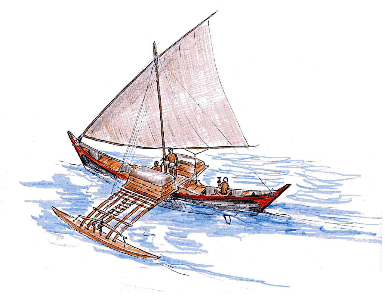 Drawing of an outrigger canoe proa
