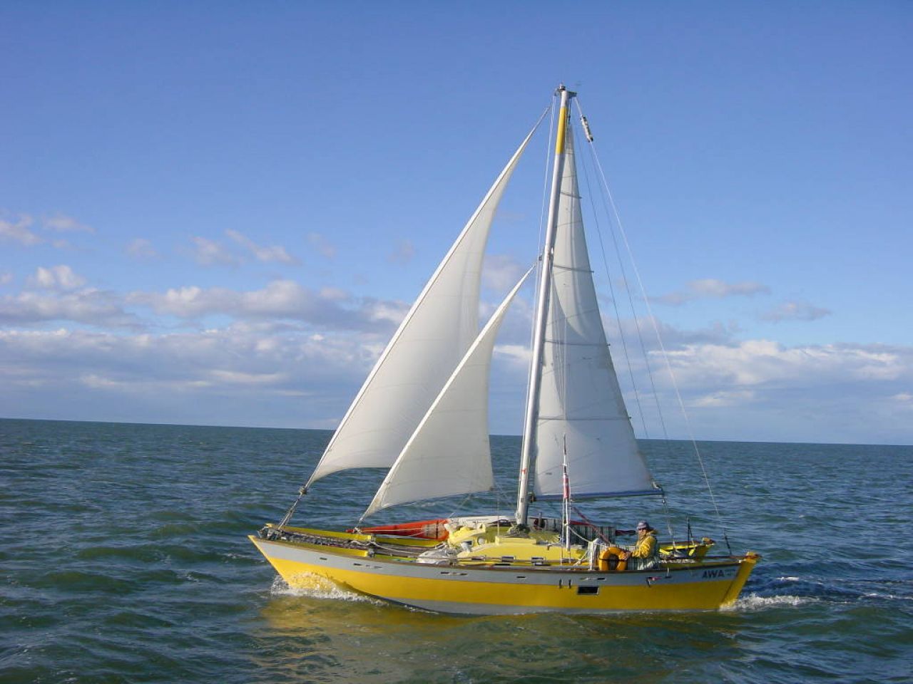 Yellow catamaran sailing