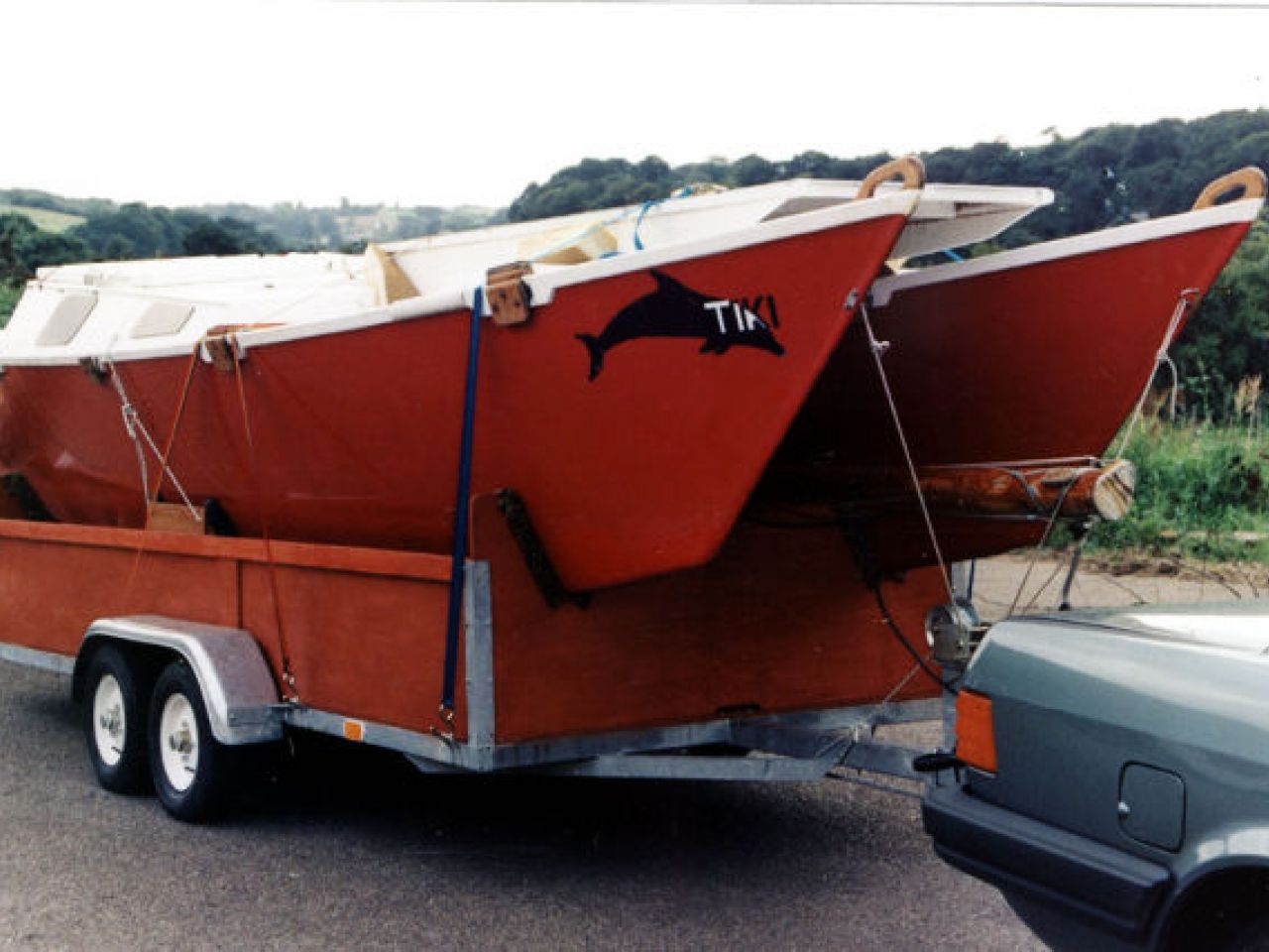 Double canoe hulls on a trailer