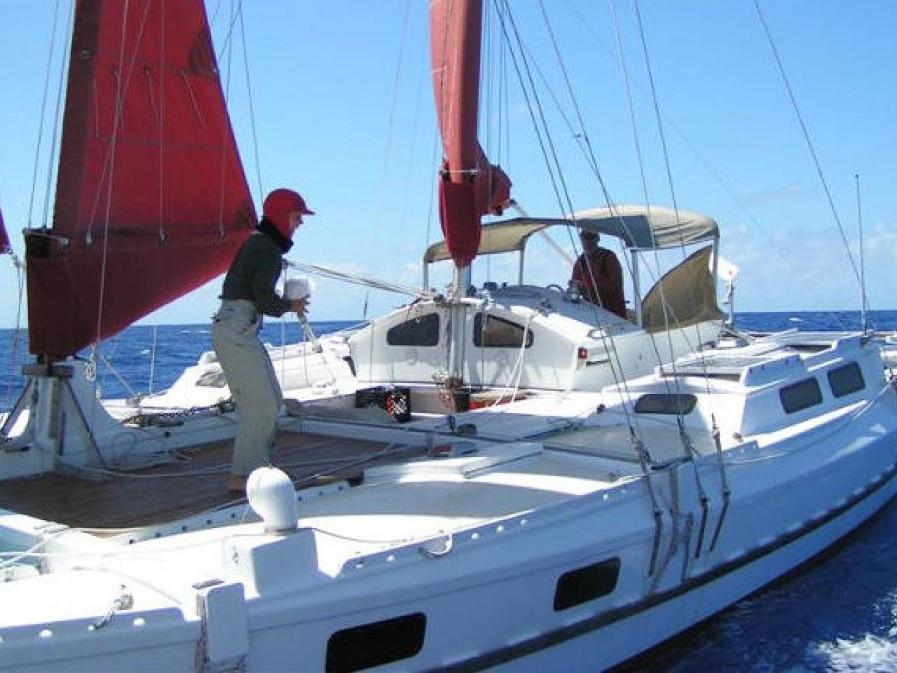 Large catamaran with red sails at sea, one person on deck