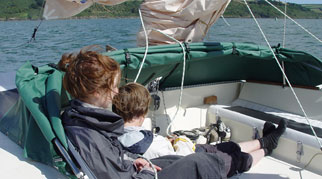 Two people in yacht cockpit