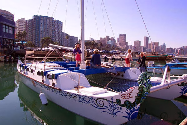 Catamaran with intricate paint work