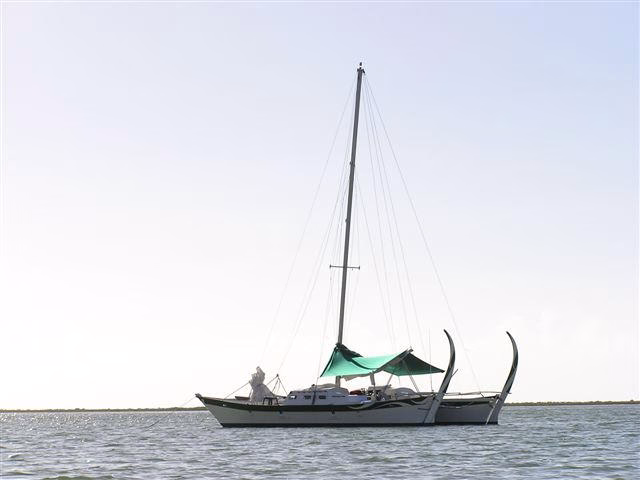 Catamaran with large rudders on the sea