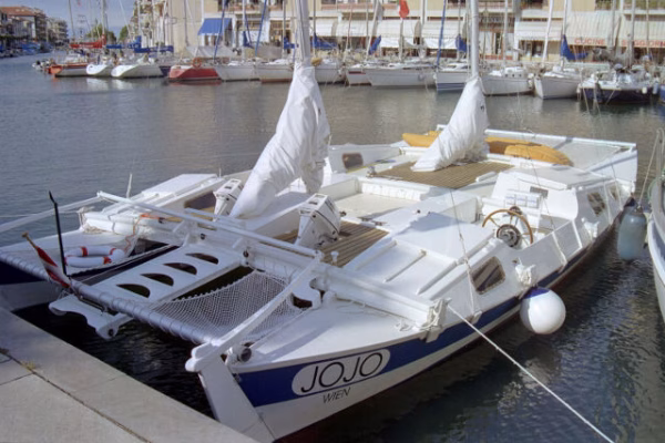 A catamaran called JoJo on a pontoon